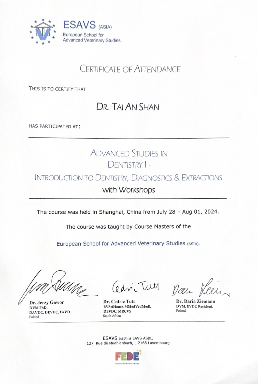 ESAVS歐洲高級獸醫學院牙科認證-1